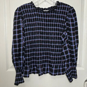 NIC+ZOE Twilight Plaid black and purple puff sleeve Smocked top | size medium